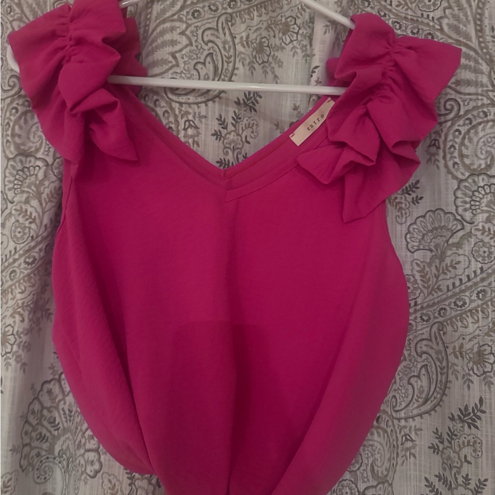 entro Hot Pink Ruffle Strap V-Neck Tank